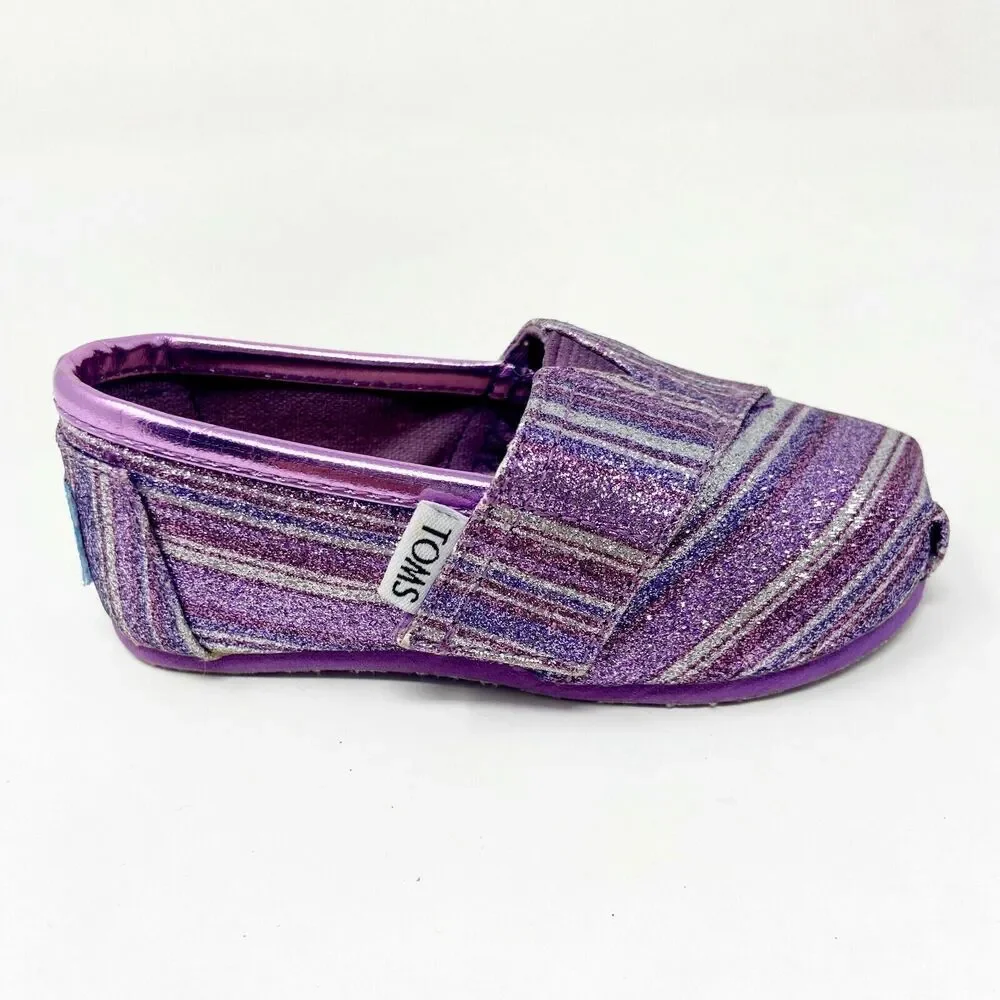 Toms Classics Purple Glitter Stripe Tiny Toddler Slip On Casual Canvas Shoes